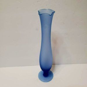 Vintage Frosted Blue Satin Glass Bud Vase, 10" Ruffled Edge Tulip Vase
